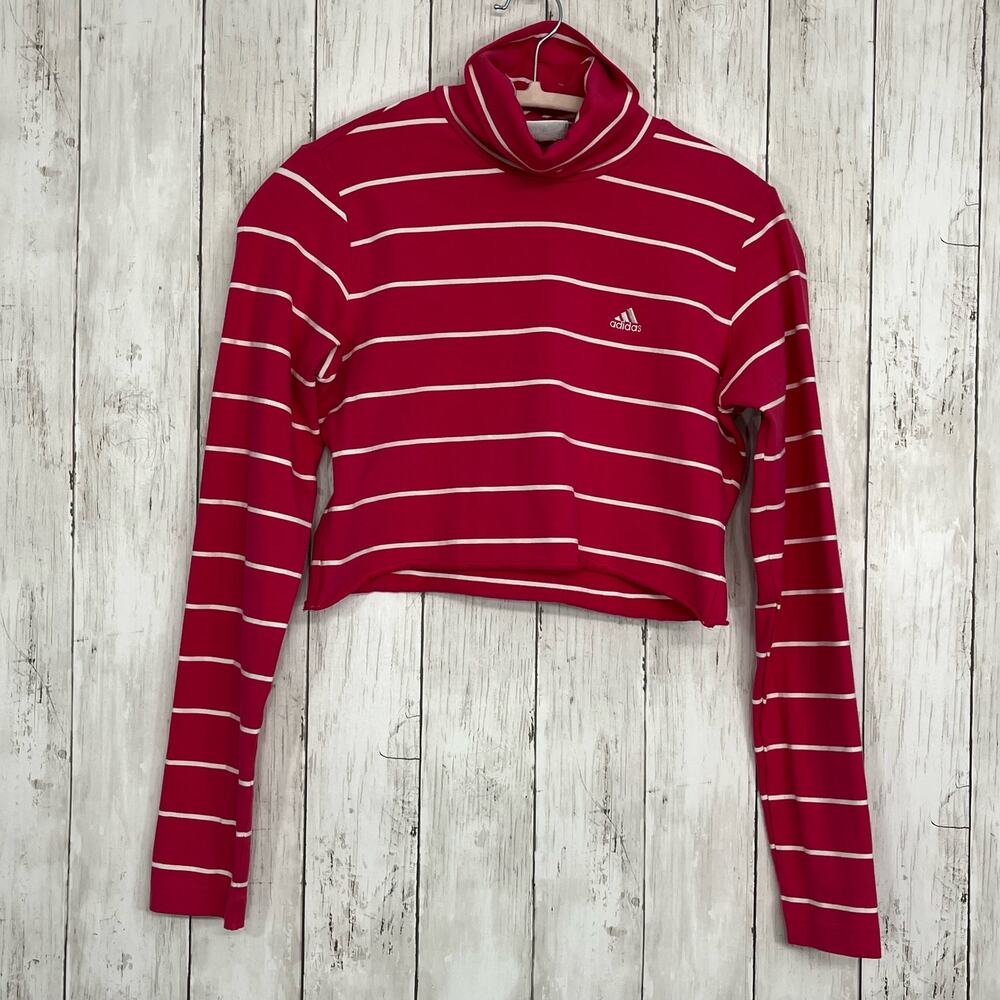 Adidas Pink White Striped Long Sleeve Turtleneck Crop Top Shirt Medium